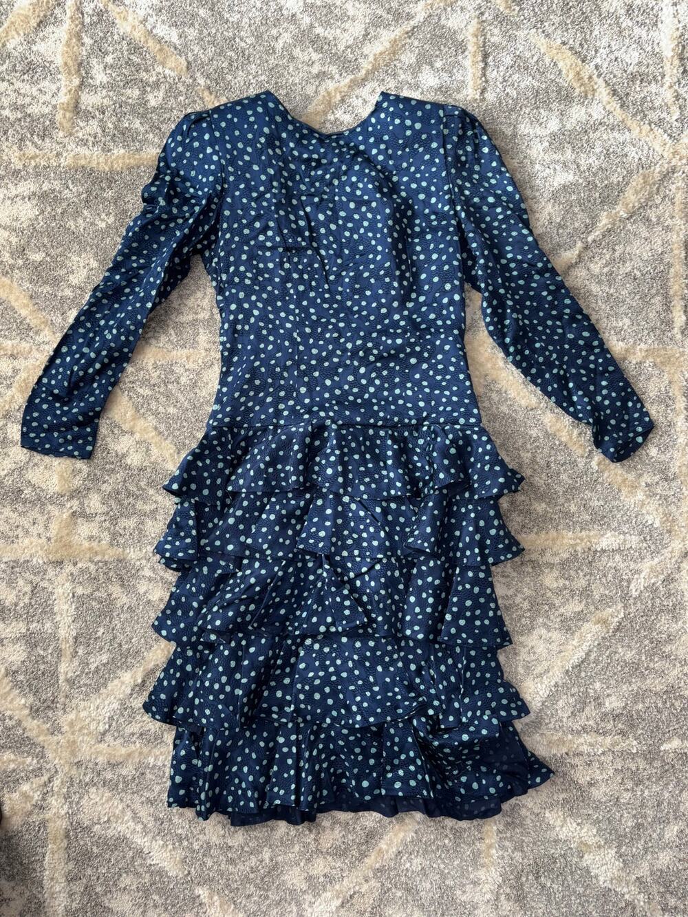 AJ Bari vintage 100% silk blue teal polka dot ruffle dress women's size 6